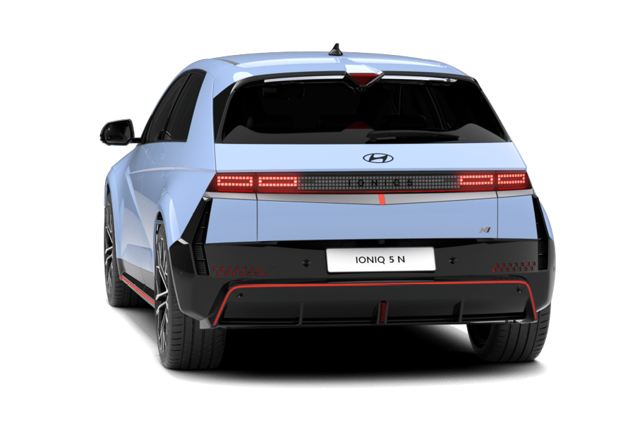 zu sehen ist ein hellblauer Hyundai IONIQ 5 N von hinten