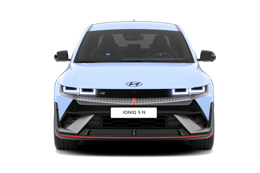 zu sehen ist ein hellblauer Hyundai IONIQ 5 N von vorne