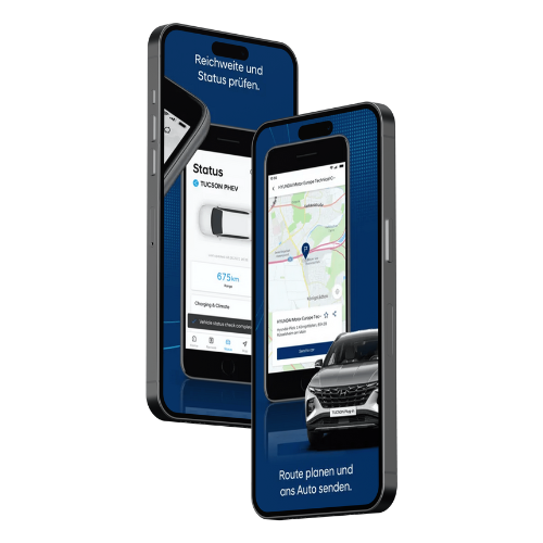 zu sehen sind zwei Handys, auf dem Bildschirm ist die Bluelink App Vorschau zu sehen