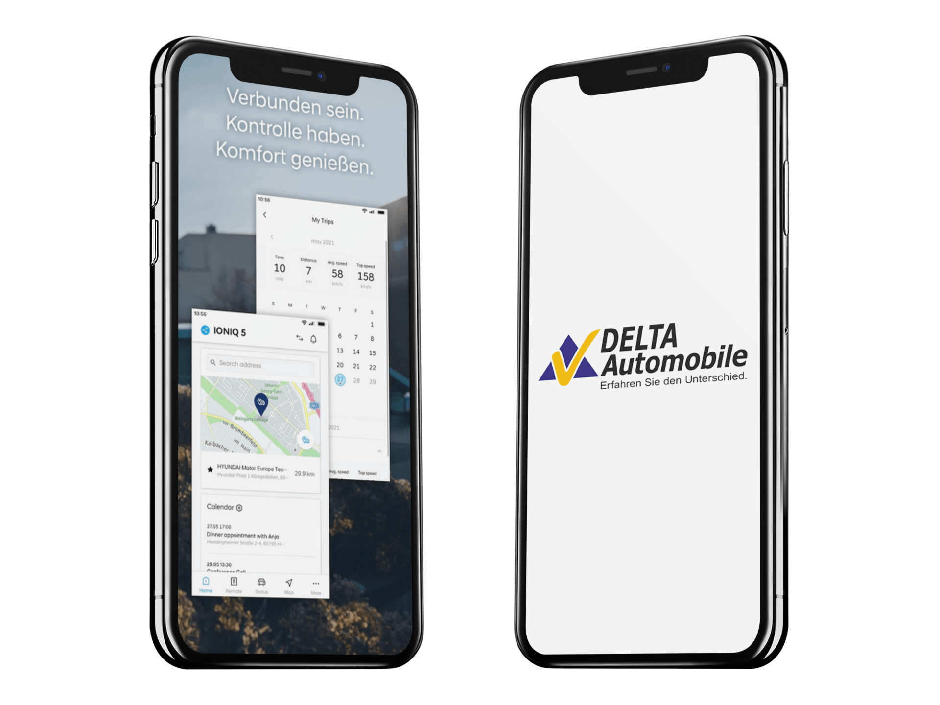 zu sehen sind zwei Handys, auf dem einem Display ist eine Landkarte und Online Terminanfrage zu sehen. Auf dem anderen ist das Delta Automobile Logo