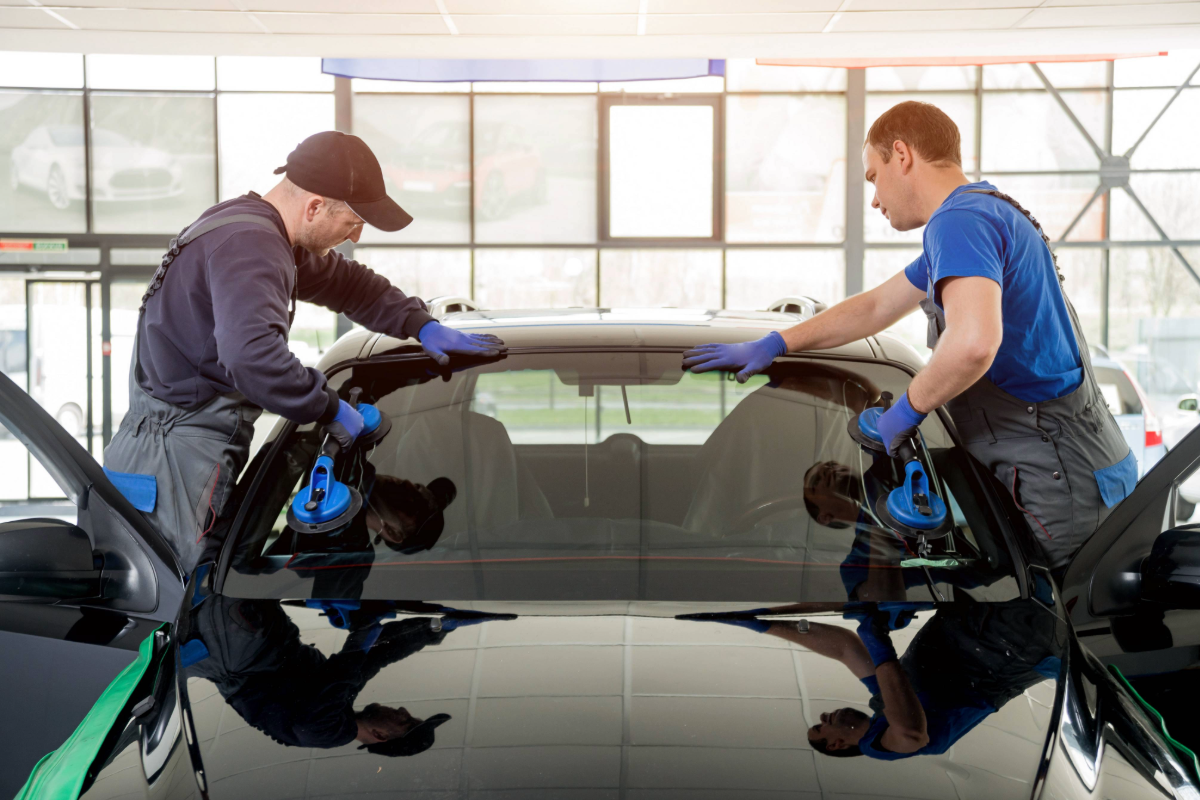 zu sehen sind zwei KFZ Mitarbieter, die eine Autoglassche tauschen